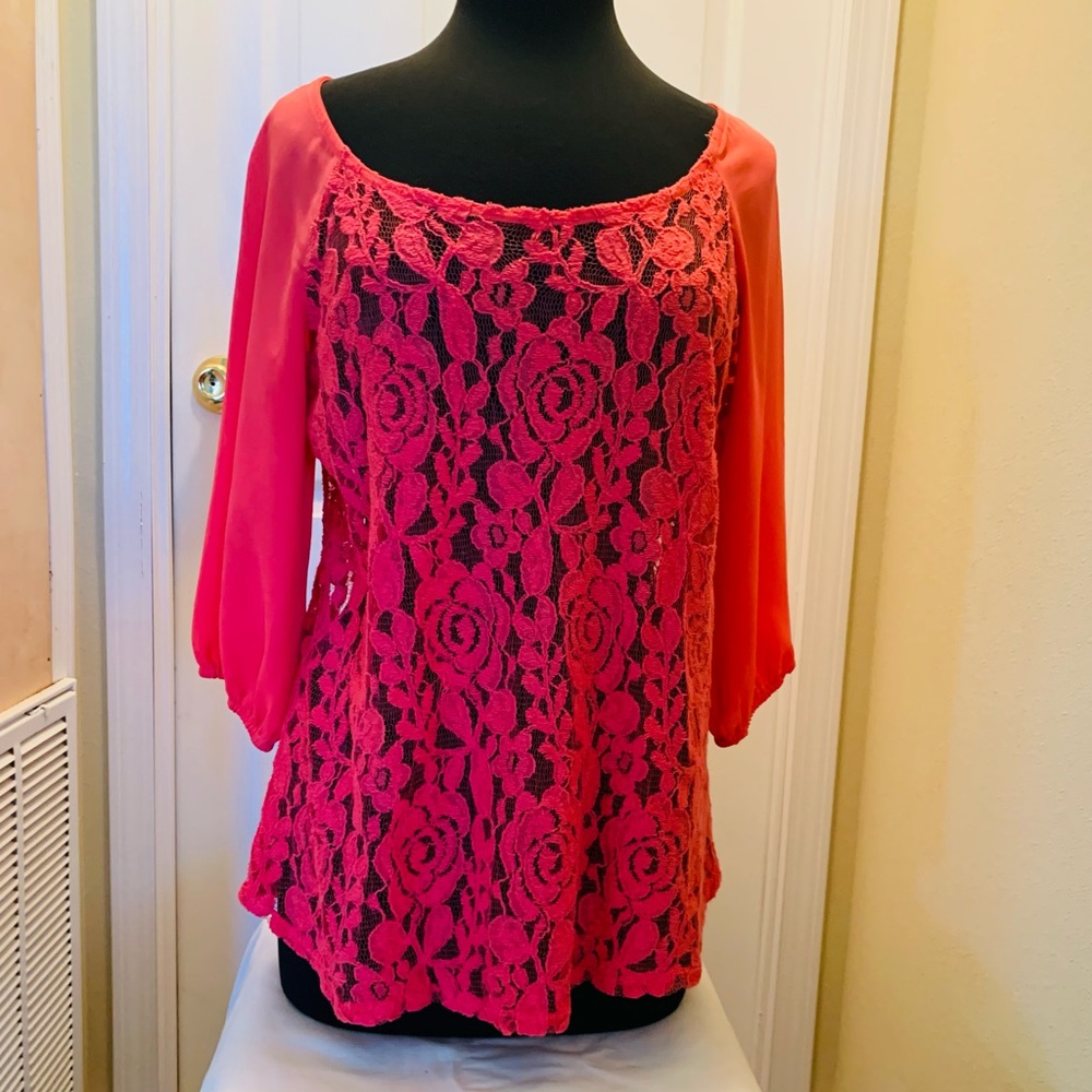 Sheer lacy top with 3/4 sleeves. Scoop neckline with keyhole back